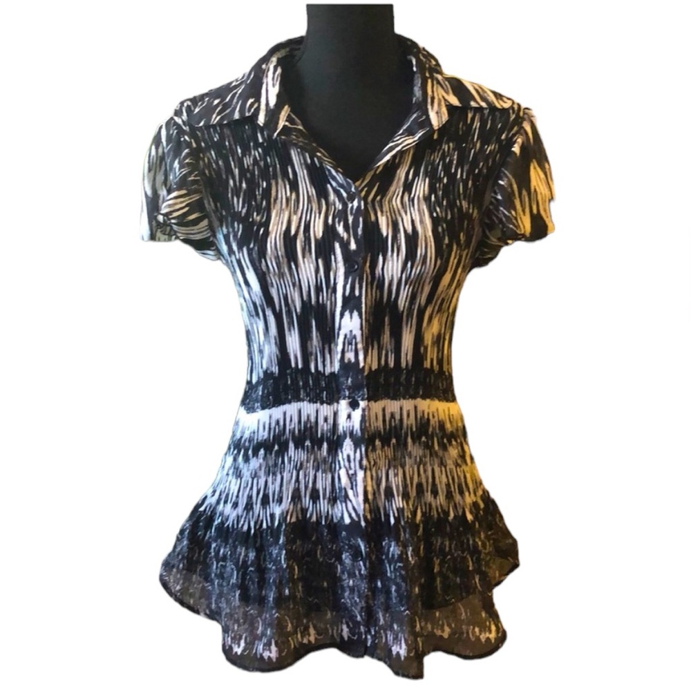 SERE NADE CRINKLED PLEATED CHIFFON SEMI SHEER BLOUSE BLACK WHITE PLUS SIZE 1X